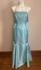 NWT VTG Morgan Co Prom Maxi Gown Shimmer Aqua Blue Y2K Goth Bead Tie 9/10 NEW