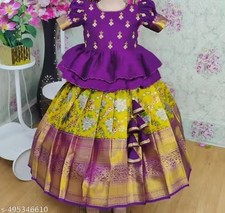 Kids Girls Lehengha choli Traditional Festival Pattu Pavadai Cotton Silk Dress