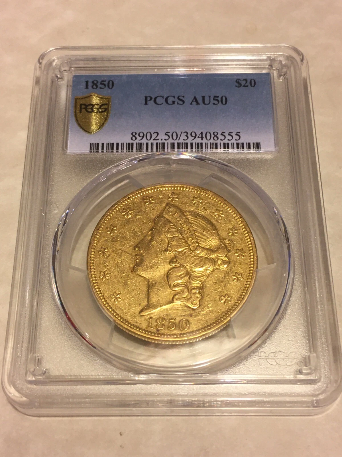 1850 AU50 PCGS Liberty Double Eagle $20 Gold Coin Secure Plus Shield Very Nice