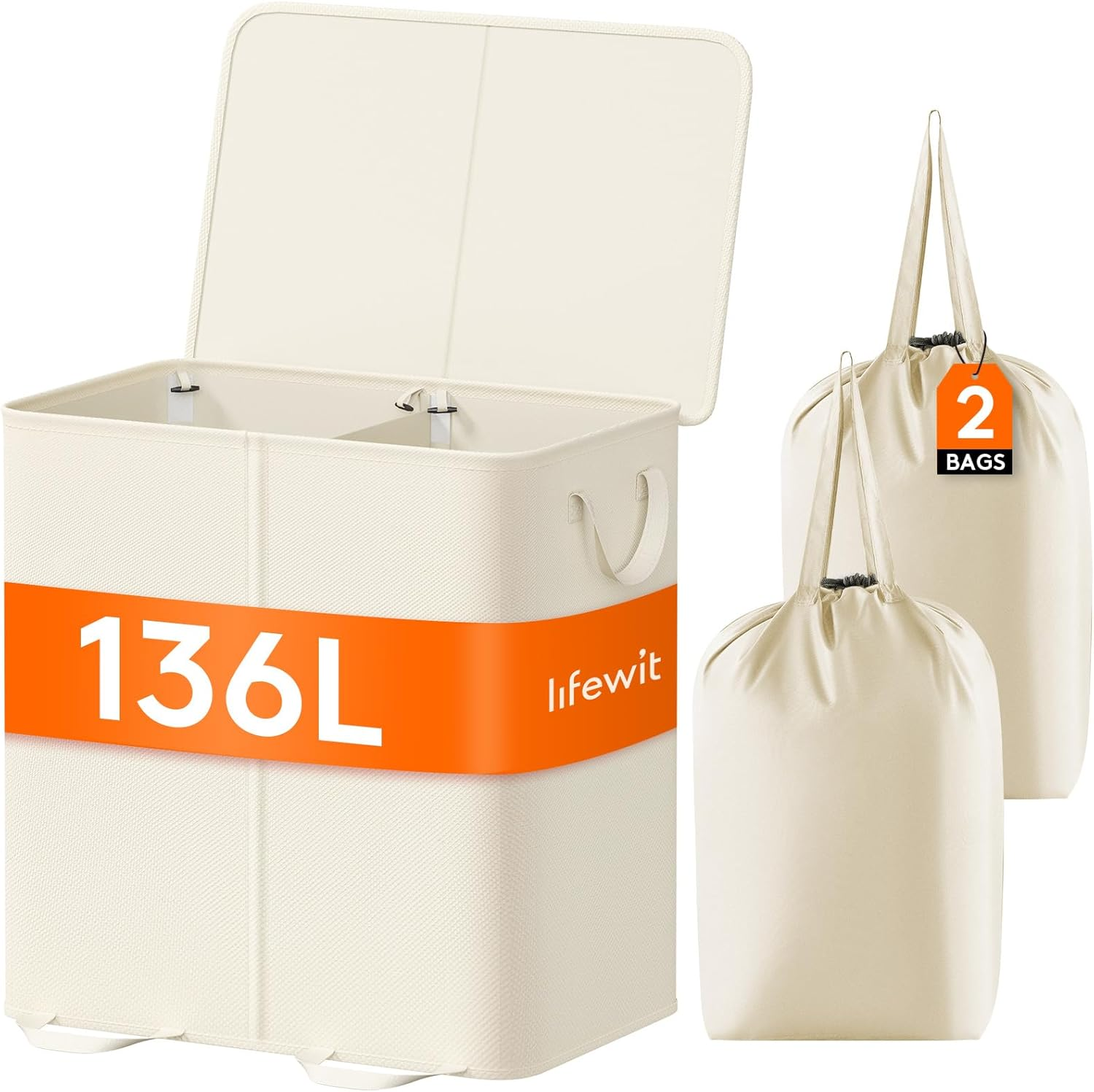 Double Laundry Hamper with Lid and Removable Laundry Bags, Large Collapsible 2 D