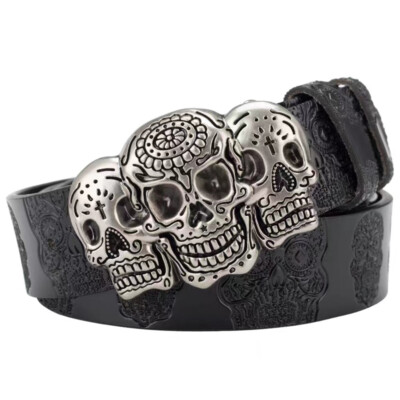Real Leather Waist Belt Skull Buckle Retro Carving Flower Unisex Punk Waistband