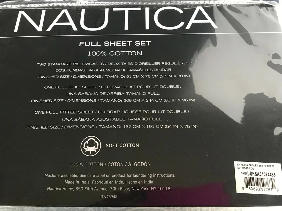 New Nautica 4 Piece Printed Full Sheet Set 2 Pillow Cases Flat Sheet Fit Sheet - Image 2 of 2