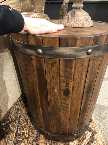 TWO CEYLON FARMHOUSE WINE BARREL INSPIRED WOOD ROUND ACCENT END TABLE 25327 - Picture 4 of 6