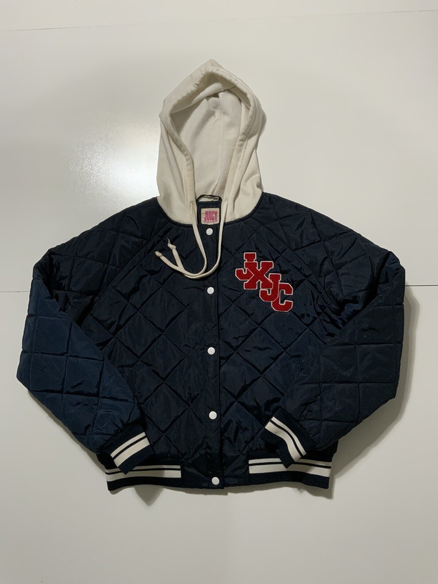 Juicy Couture Navy Blue Quilted Puffer Hooded Varsity Letterman Jacket S