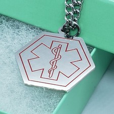 Surgical Stainless Steel Medical Alert ID Tag Pendant 1 in Hexagon 30" Necklace
