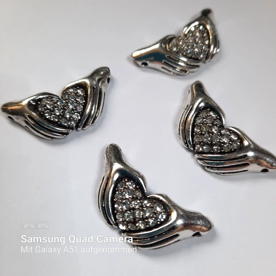 4 Stk.European Beads Anhänger Herz Spacer Antik Silber Metall Strass NEU - Bild 3 von 3