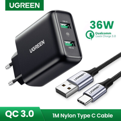 UGREEN 36W USB Charger QC3.0 Dual Fast Charger Adapter For iPhone Samsung Xiaomi