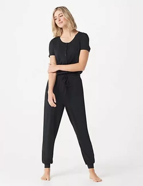 AnyBody Petite Cozy Knit Button Front Jumpsuit Black New