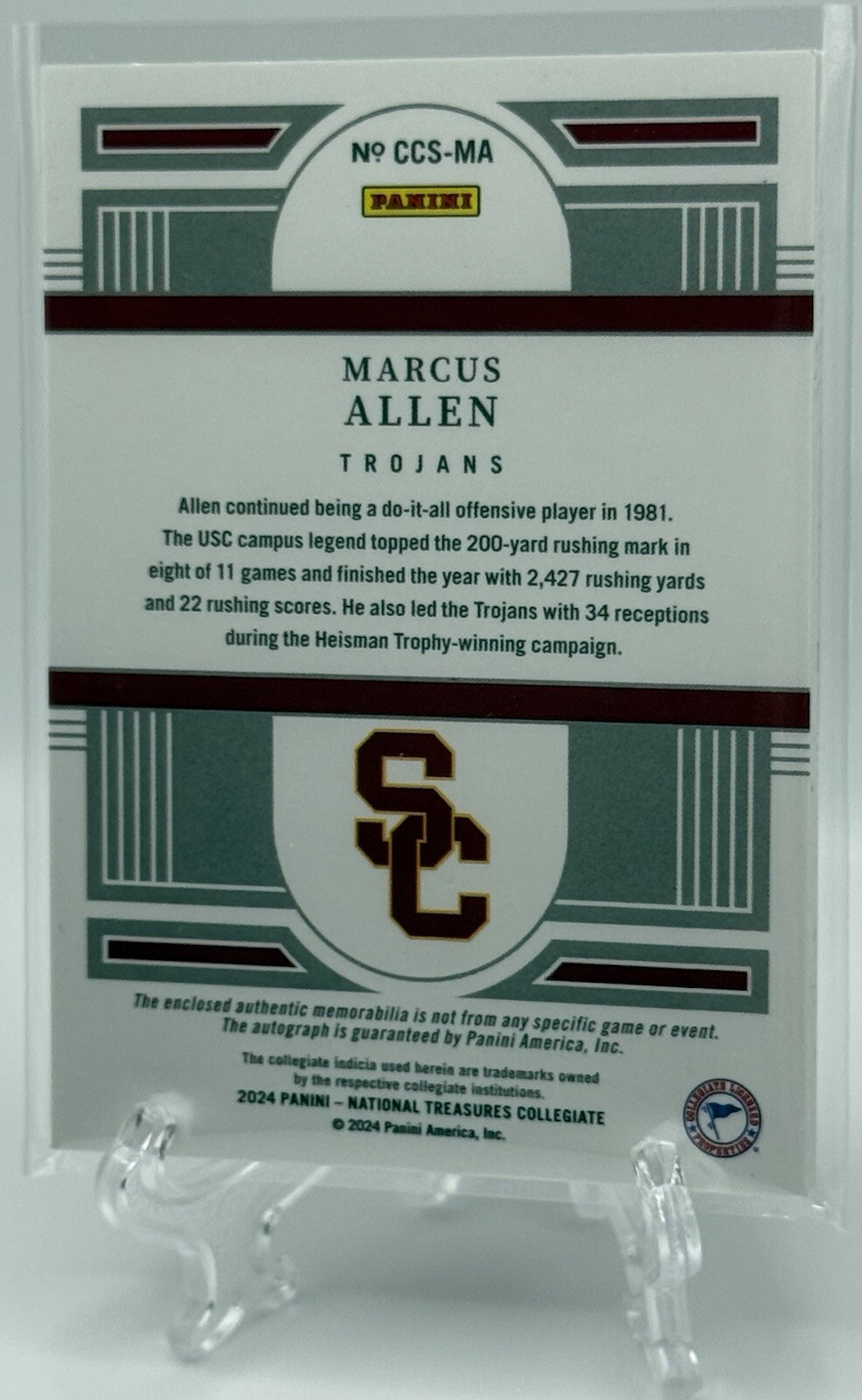 Marcus Allen 2024 National Treasures Collegiate Red Jersey Patch Auto 08/11! USC