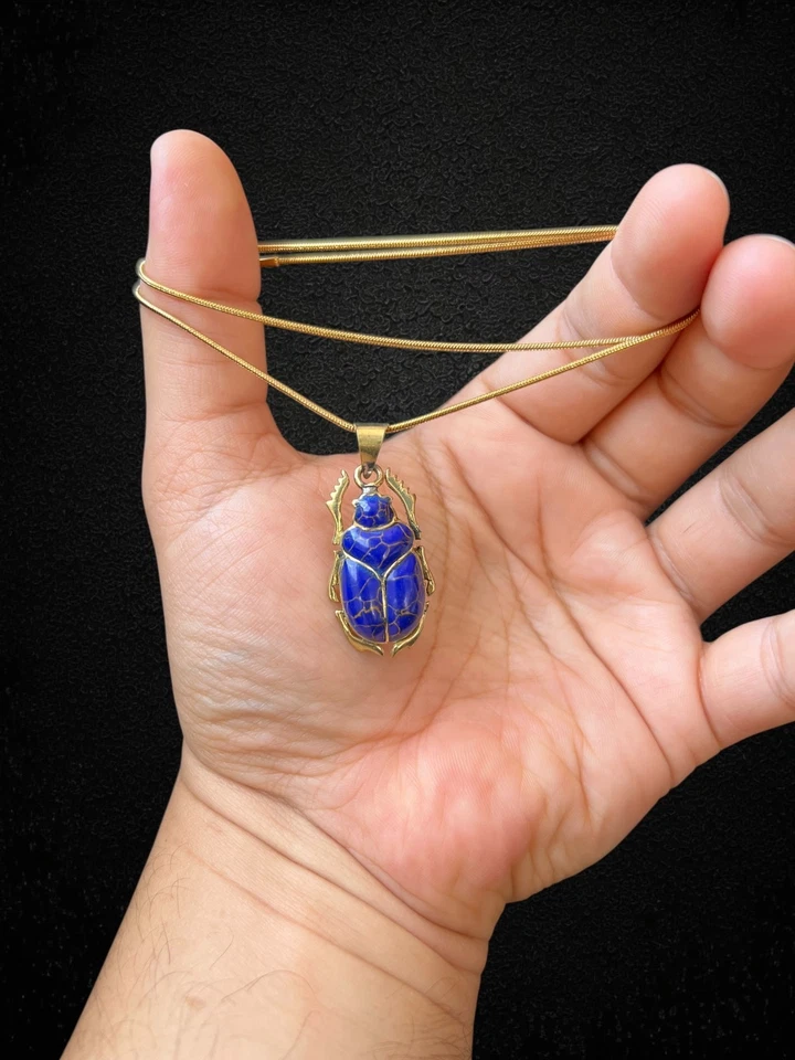 Blue Scarab Pendant Necklace Ancient Egyptian Amulet Lapis Blue Beetle Charm - Image 3 of 4