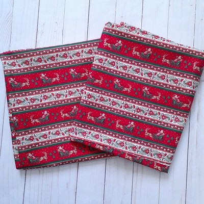 Vintage VIP Cranston Santa Reindeer Sleigh Border Print Stripe Fabric Red 2 yds