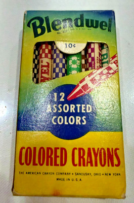 1802 - Vintage Blendwel Assorted Colors Colored Crayons Box o 12!