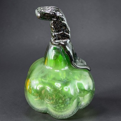 Hand Blown Art Glass Pumpkin Green Translucent Decorative Gourd Dark Green Stem