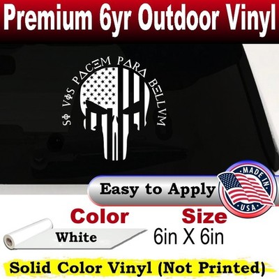 Punisher American Flag Si Vis Pacem Para Bellum Truck Window Decal White 6X6