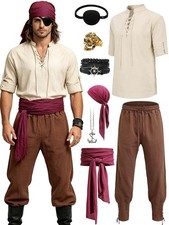 Pirate costume Renaissance outfit Khaki Brown XX-Large lace-up shirt pants sash