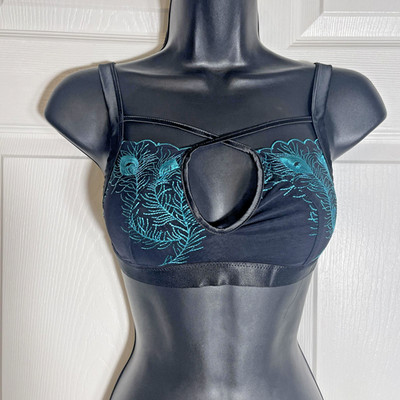 Empress Mimi Peacock Feathers Bra Womens S Black Teal Embroidered Bird Bralette