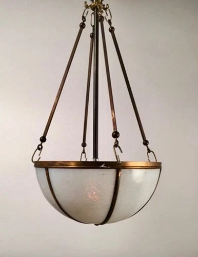 Rare Art Deco Brass Pendant Light Fixture Vintage Ceiling Lamp  Milk Glass 3 pcs