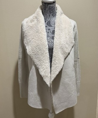 Context Faux Suede Sherpa Collar Knit Cardigan Quiet Luxury Cozycore Neutral M