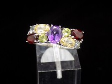 Vintage Amethyst Multi-Gemstone Cluster Ring 925 Sterling Silver Size 9.75 R