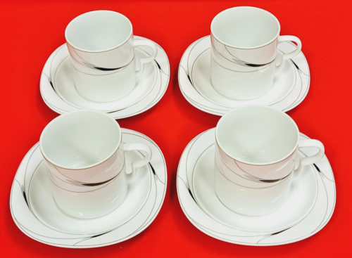 Mikasa Caviar Flat Cups & Saucers White Gray Black Design L5806 Japan Set of 4