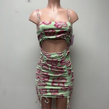 Wild Fable Womens Sleeveless Cut Out Ruched Front Bodycon Dress Green Pink S NEW