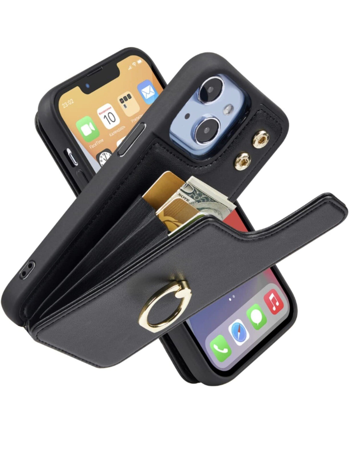 iPhone 14 Wallet Case with Rotatable Ring Stand & Card Holder - Black  -image