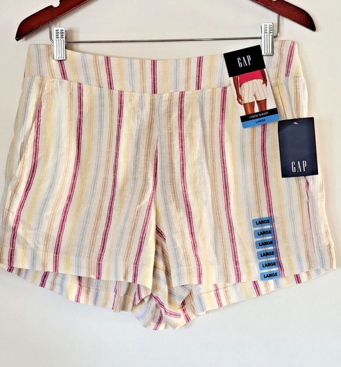 Gap Ladies Linen Pull On Elastic Waistband Short with Pockets Striped Size  L New