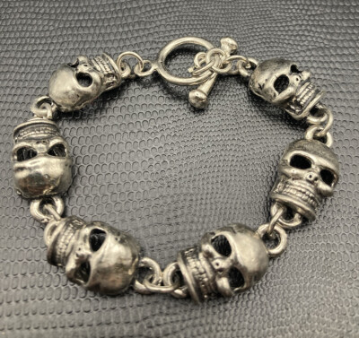 Chunky Metal Skull Bracelet (Punk, Goth, Halloween, Statement)