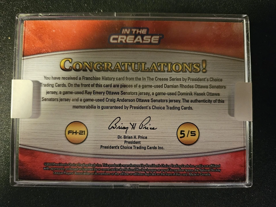 Franchise History Hasek Rhodes Emery Anderson Game Used  Ottawa Senators #/5 - Image 2 of 4