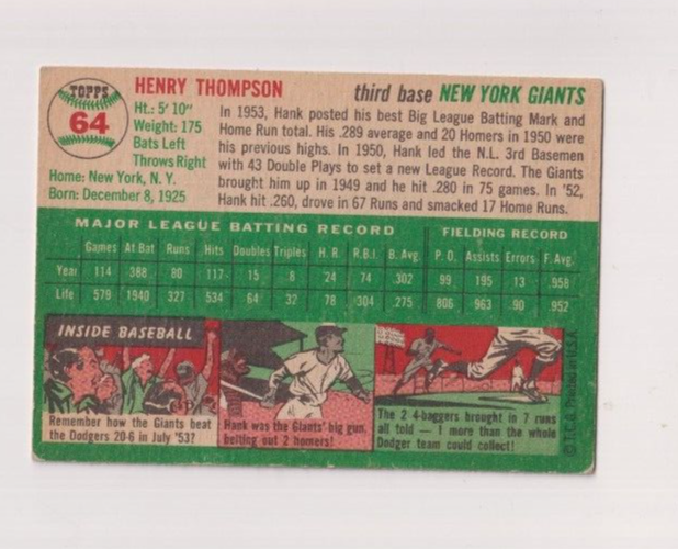 HANK THOMPSON 1954 TOPPS BASEBALL VINTAGE BASEBALL CARD 64 NEW YORK