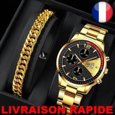 Montre Quartz + Gourmette Bracelet Doré Homme Bijoux Calendrier Acier Inoxydable