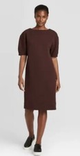 Prologue Womens Textured Knit Puff Short Sleeve Round Neck Dress Maroon Brown S