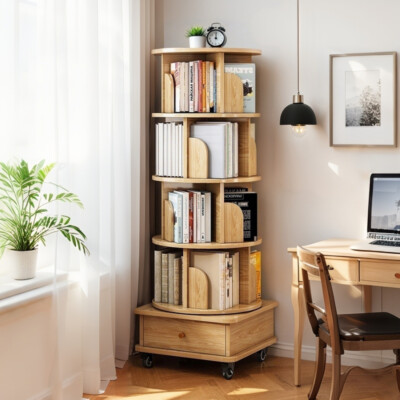 5-Shelf Rotating Bookcase w/ Wheels - 360° Turn Space-Saving Storage Tower