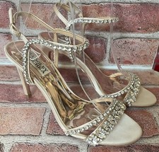 GORGEOUS BADGLEY MISCHKA CHAMPAGNE SATIN  RHINESTONE MARINA HIGH HEELS 6.5M
