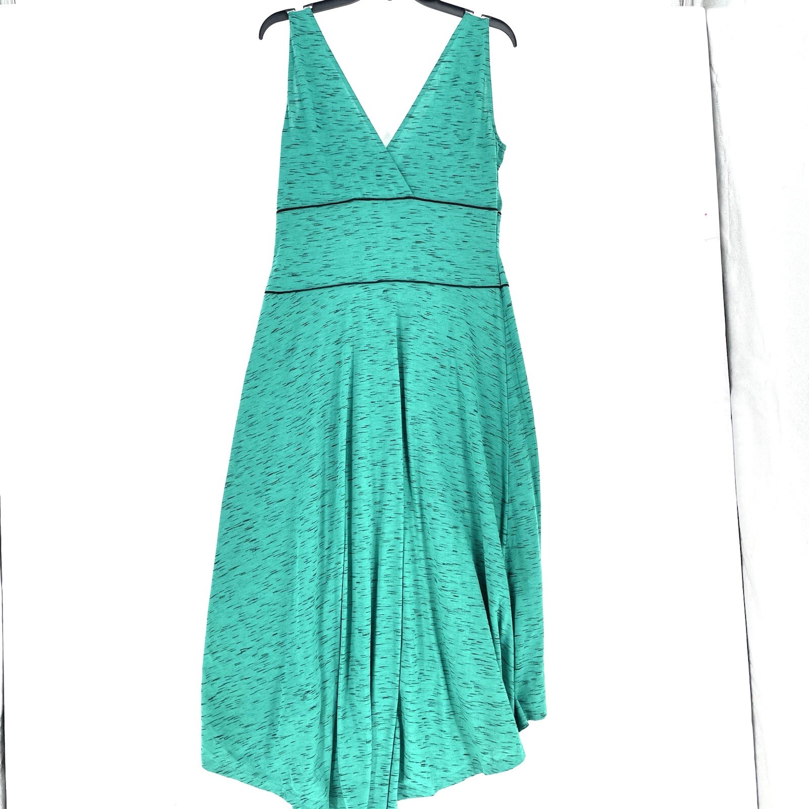 AVON Maxi Dress Sundress Women Size L Green Black Jersey Deep V-neck Hi Low Hem