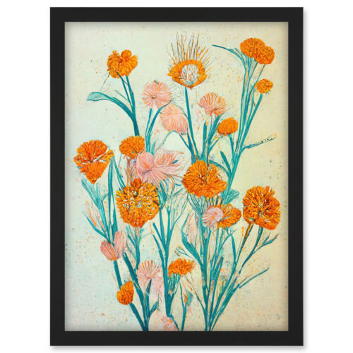 Boho Marigold Flowers Teal Orange Painting Framed Wall Art Picture Print A3 - Bild 1 von 26