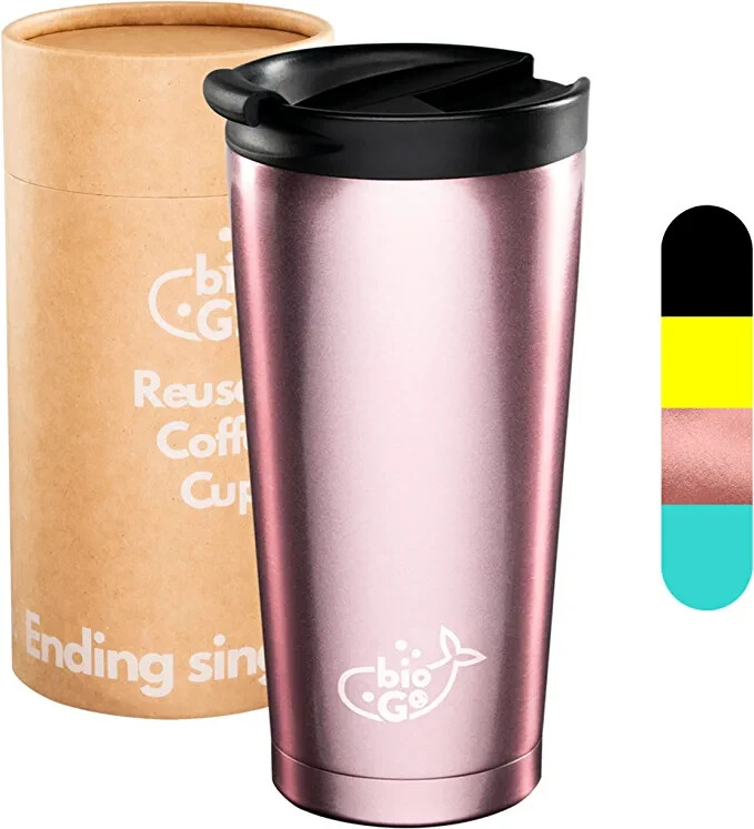 bioGo Stainless Steel BPA-Free Reusable Coffee Cup 350ml - Rose Gold