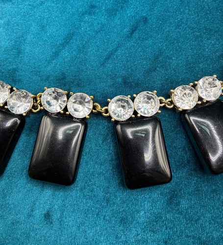 J Crew Statement Necklace Black Rectangle and Round Rhinestones Adjustable 20" - Picture 4 of 5