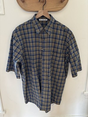 Acne Studios Oversized Plaid Short Sleeve Button Up Shirt EU 48 M / L Blue Gold