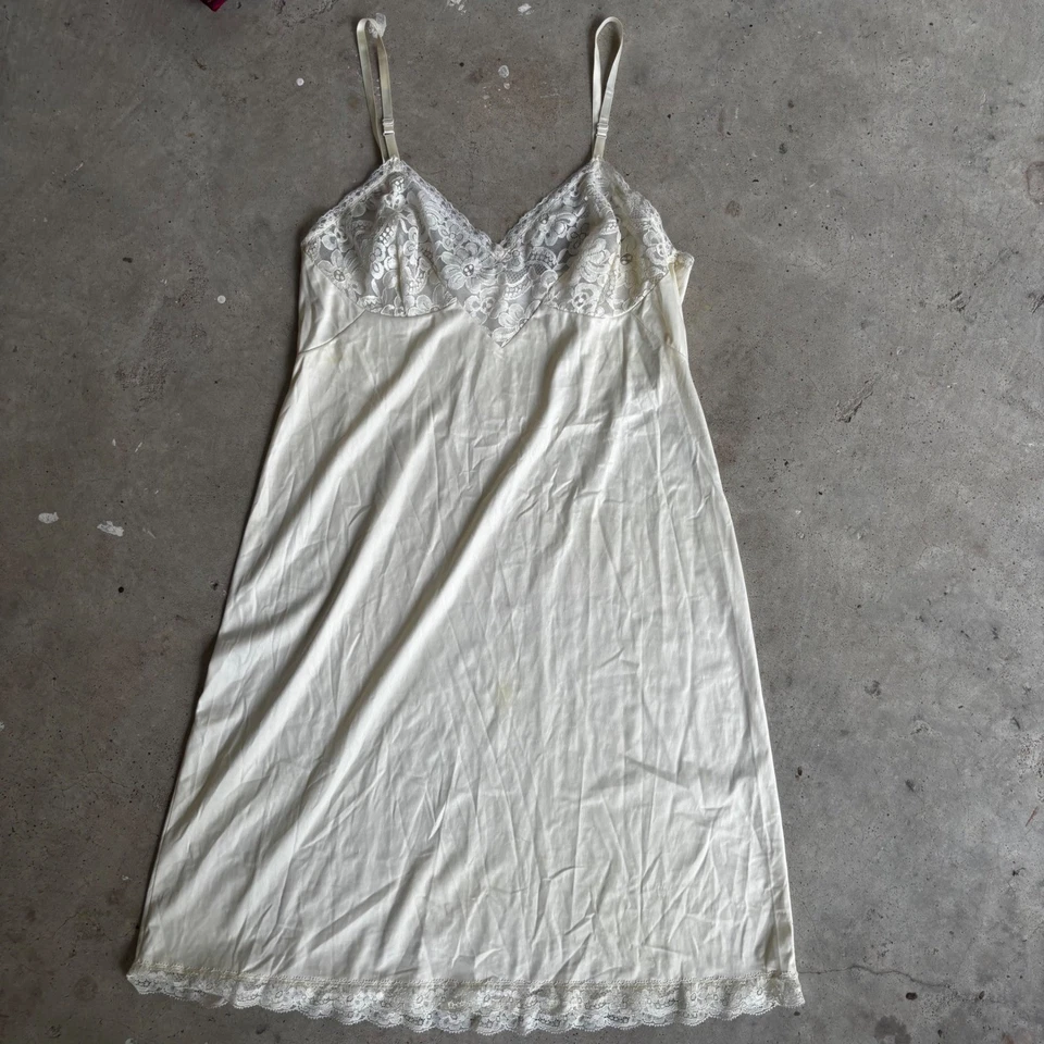 Vestido sin cordones vintage marfil con ribete de encaje camisola lencería vestido talla M hada Foto 3 de 4