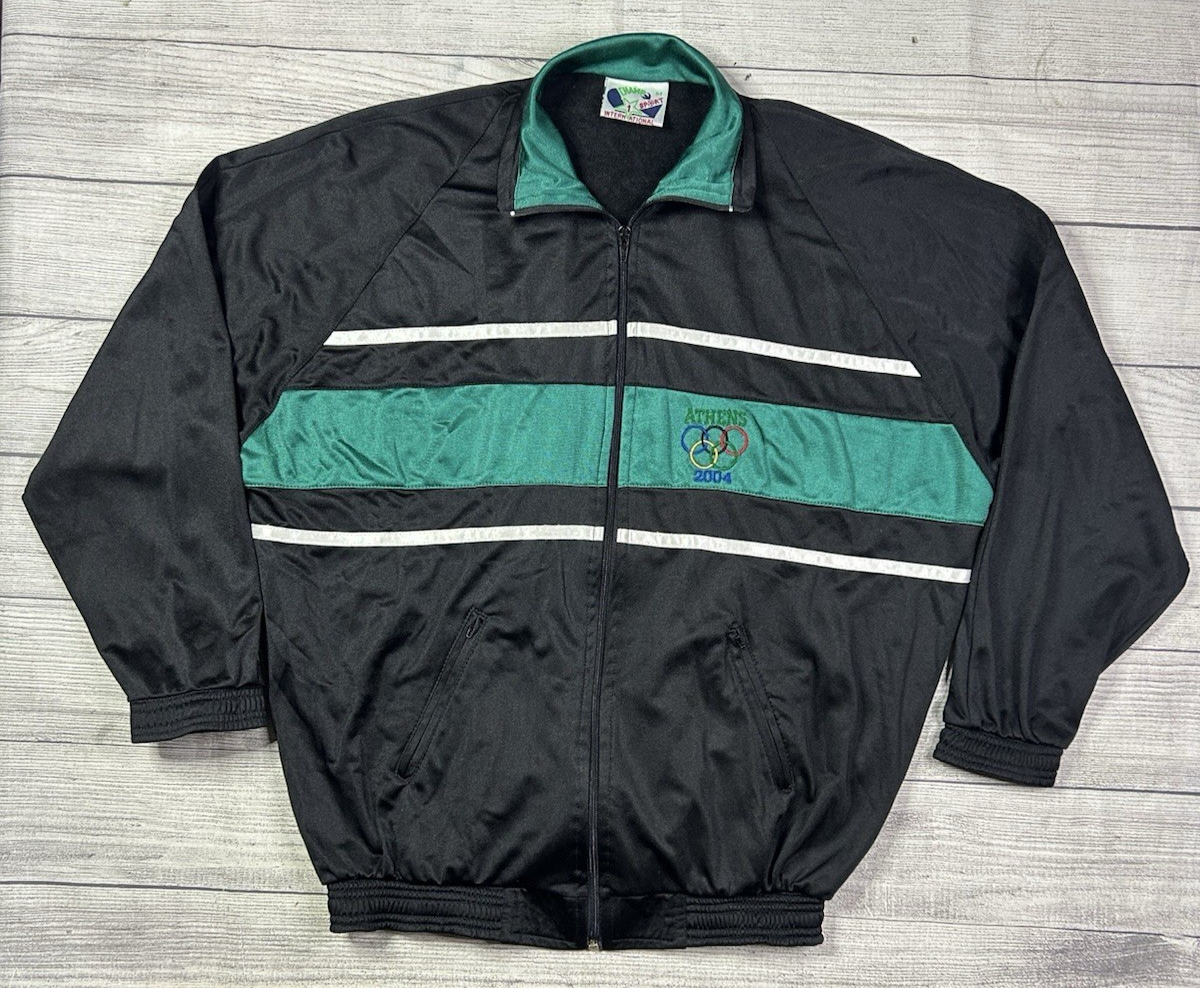 Vintage Olympics Track Jacket Size Medium Black Green 2004 Athens
