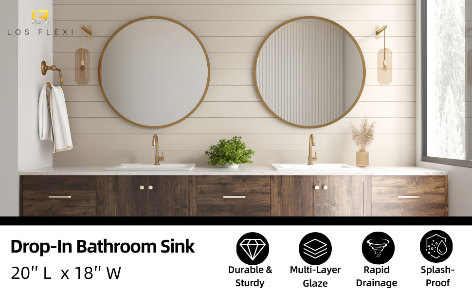 20"x18" White Drop-In Bathroom Sink Ceramic Rectangular with Single Faucet Hole