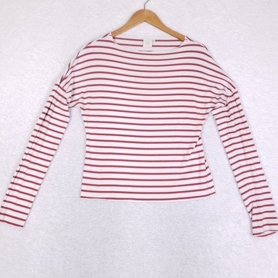 Good Luck Gem Boatneck Ribbed Top Women XL Red White Striped Long Sleeve Crop