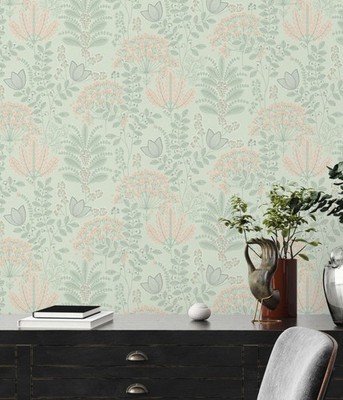 Tapete floral mit Blättern im Retro-Look leicht strukturiert, matt   Grün, Grau,