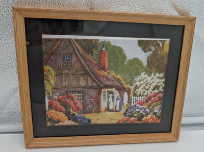 Vintage foil lithograph from Franklin picture company w/frame countryside cottag