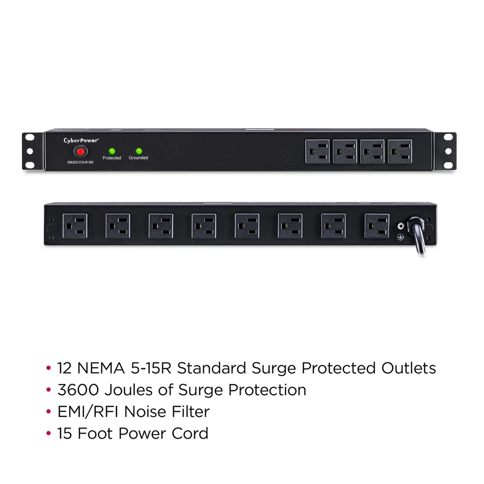 RKBS15S4F8R Rackbar Surge Protector, 120V/15A, 12 Outlets, 15 Foot Power Cord... - Image 3 of 4