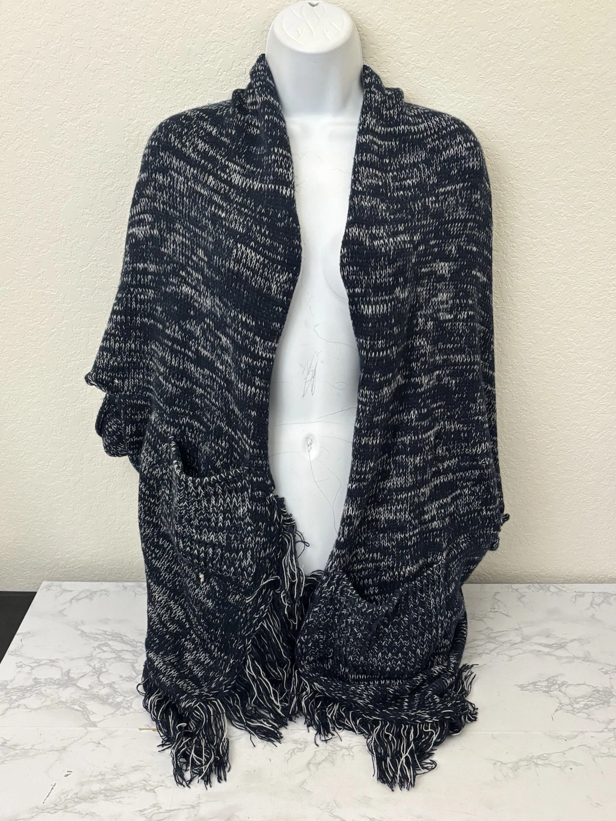 Sweater Poncho Blue Short Sleeve Crochet Poncho Knit Open Pockets Fringe I1