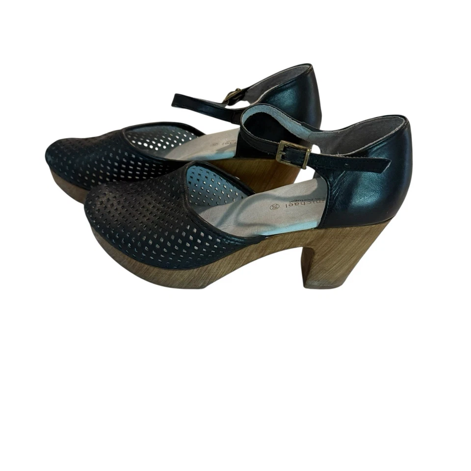 Eric Michael Black Leather Wood Heel Mary Jane Clogs Women’s EU38 US7.5 Portugal - Image 2 of 4