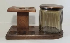 Vintage Decatur Industries Deco 6 Pipe Smoking Pipe Stand Caddy Walnut Glass Jar
