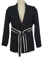 Jason Wu Belted Jacket Blazer Women's M Black White Trim Pockets Sash Medium